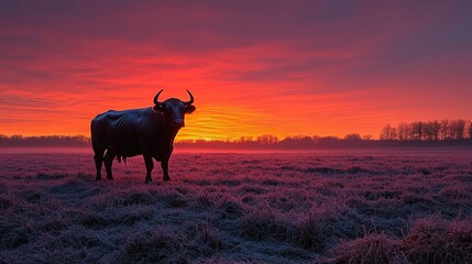 Silhouetted bull at sunrise in a frosty field