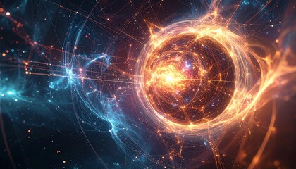 Fototapeta premium A digital illustration of quantum entanglement, showing interconnected particles glowing with cosmic energy in deep space