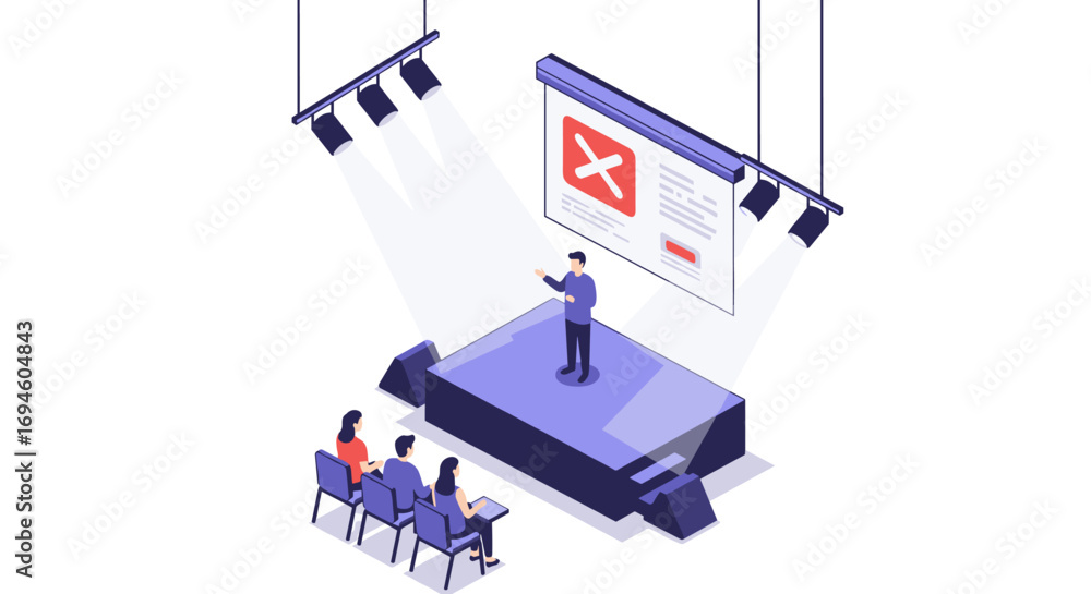 Poster isometric seminar presentation with error message on stage