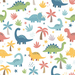 Whimsical prehistoric jungle patterns featuring adorable dinosaurs and tropical palms