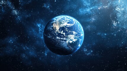 Fototapeta premium The Earth, a blue planet with a white atmosphere, is seen from space against a backdrop of stars and galaxies.