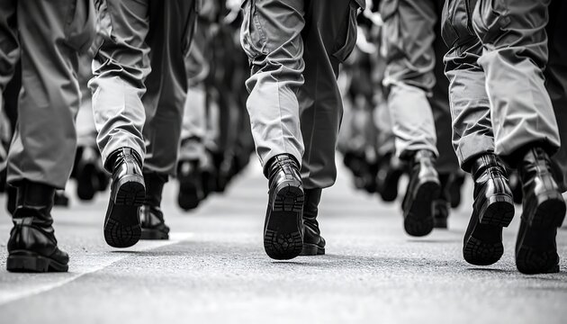 A monochrome view of marching soldiers' legs and boots - Powered by Adobe