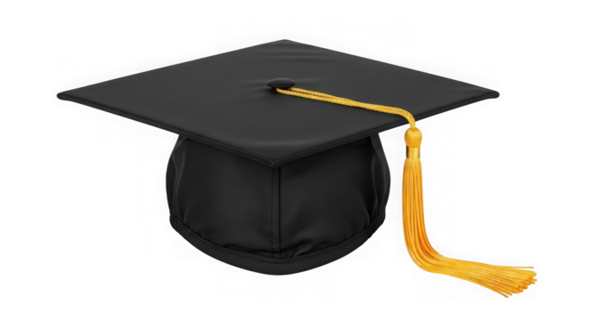 A black graduation cap with a yellow tassel, isolated on a white background