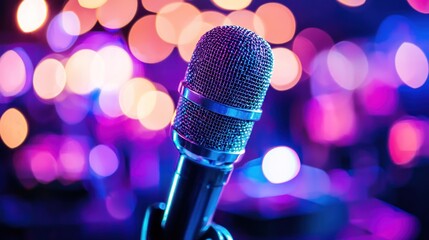 A microphone on a stage with colorful lights in the background.