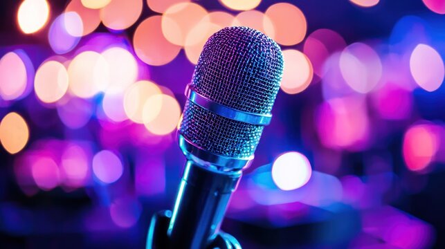 A microphone on a stage with colorful lights in the background.