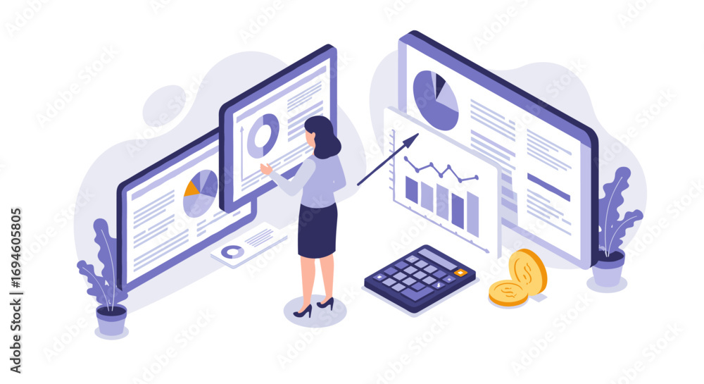 Poster business data analysis concept with isometric charts and graphs