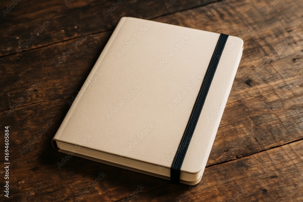 Aufkleber minimalist beige notebook with black elastic band placed on rustic wooden table background in warm n
