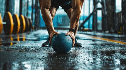 A man in a gym doing push-ups with a medicine ball in a rain-soaked gym.