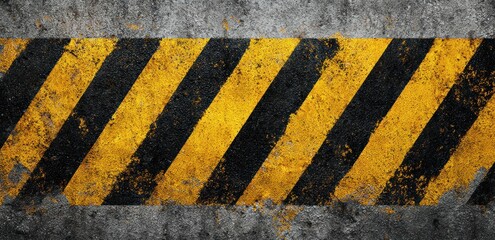 Fototapeta premium Cautionary yellow and black diagonal stripes on weathered concrete