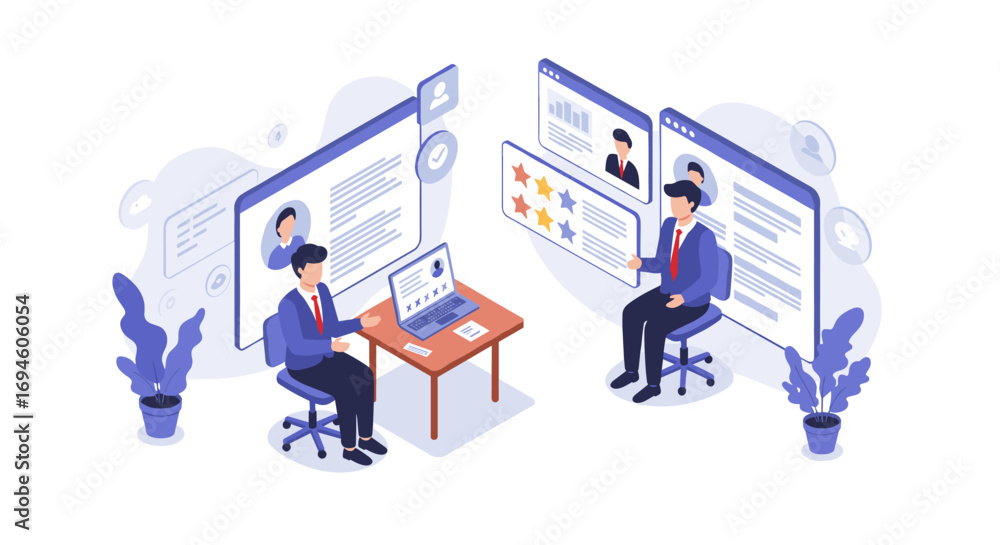 Poster office communication and collaboration in isometric style with digital interfaces