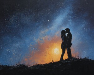 Fototapeta premium Kiss Painting: Original Oil Artwork of Love and Joy under the Starry Night Sky