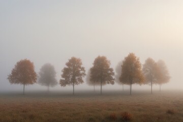 Obraz premium Reihe herbstlicher Bäume im Morgennebel auf einer Wiese mit sanfter Lichtstimmung