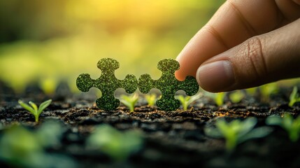 Fototapeta premium A hand holding a green puzzle piece over a green and brown background with green leaves and grass.