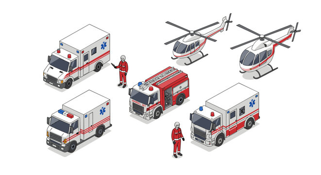 Emergency vehicles and personnel in isometric style with fire truck and helicopters