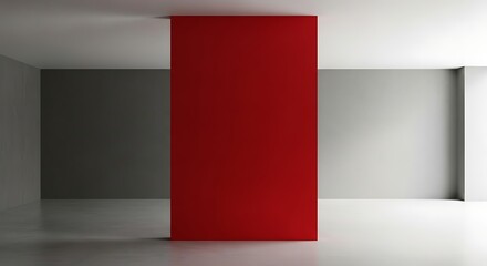 Minimalist Interior - Red Panel in a White Room with Gray Accents, Modern Design.