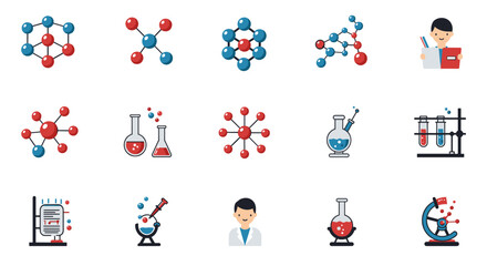 Chemistry lab icons set featuring molecules and equipment in flat style