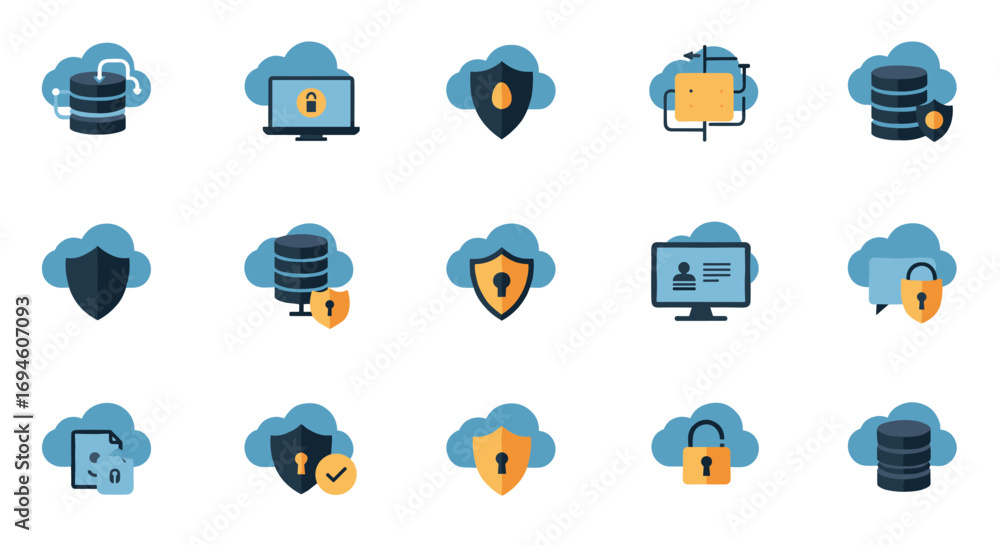 Poster cloud security icons set featuring data protection and privacy symbols for digital security solution