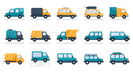 Colorful flat vehicle collection in side view featuring diverse car types