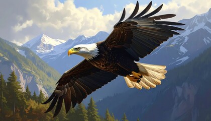 Fototapeta premium Majestic bald eagle soaring above a stunning mountain range, showcasing a powerful and free spirit.