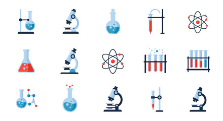 Colorful flat lab equipment and science icons for educational uses