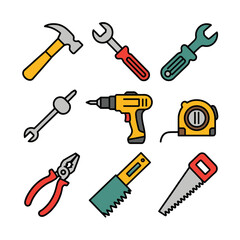 A collection of colorful vector icons depicting various hand and power tools for construction, repair, and DIY projects.