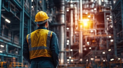 A man in a yellow hard hat and safety vest standing in front of a large industrial plant with a glowing light in the background.