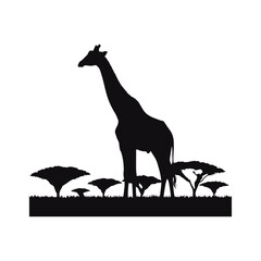 Vector monocolor giraffe silhouette in African savanna