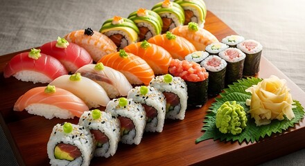 Assorted Sushi Platter on Wood.