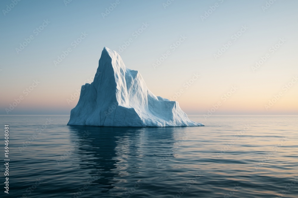 Poster Majestic iceberg floating in calm ocean water under soft pastel sky with gentle light reflections creating serene and abstract background scene. Ai generative