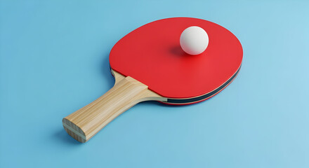 Red Ping Pong Paddle with White Ball on Light Blue Surface