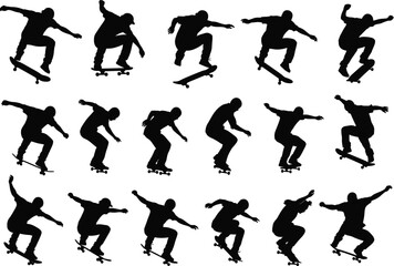 Silhouette Skateboarder Vector Set Performing Tricks and Jumps in Motion Isolated on White Background for Sports and Urban Design © Parvej Creatives