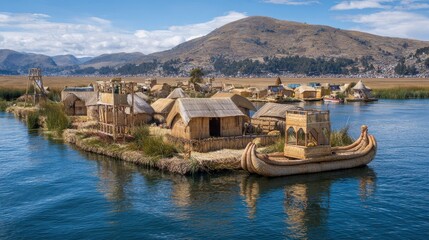 Lake Titicaca Floating. Discover Uros Floating Islands on Altitude of Andes in South America