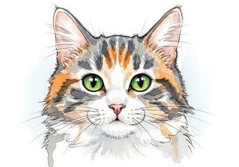 Watercolor illustration of a fluffy cat with green eyes, calico markings, and a slightly upturned nose, facing the viewer