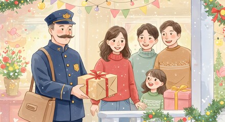 A heartwarming Christmas scene unfolds as a postal worker delivers a gift to a cheerful family, embodying the spirit of giving and festive joy. 