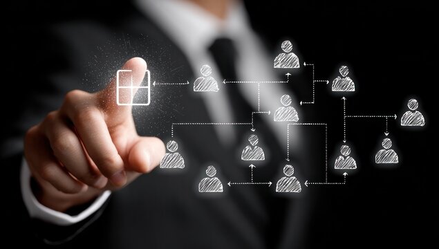 Businessman interacts with a virtual organizational chart