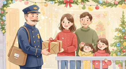 A heartwarming Christmas scene unfolds as a postal worker delivers a beautifully wrapped gift to a delighted family. capturing the spirit of the holiday season.
