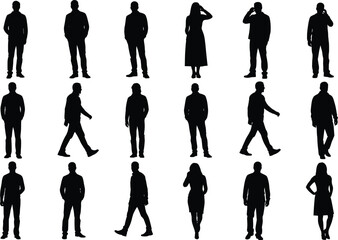 Silhouettes of diverse walking and standing people, men and women in casual and formal attire, isolated vector illustration.