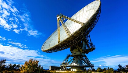 Large satellite dish under clear blue sky, transmitting data globally