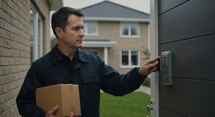 Prompt delivery man rings the doorbell, holding a package for the customer in front of a modern residential house.