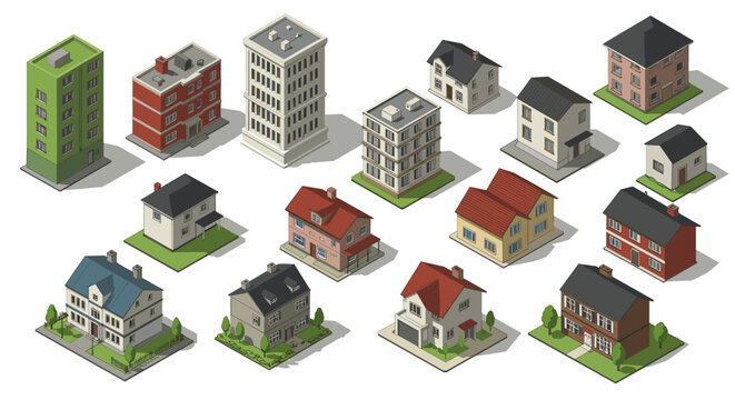 Isometric buildings collection: urban and suburban architecture designs