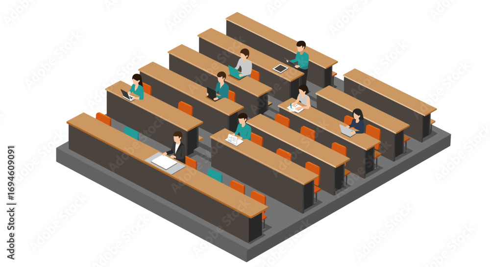 Poster isometric classroom with students studying in lecture hall