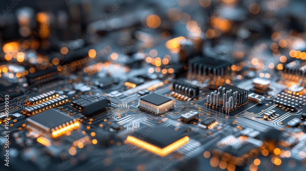 Poster futuristic glowing circuit board with a central processing unit microchip and electronic components 