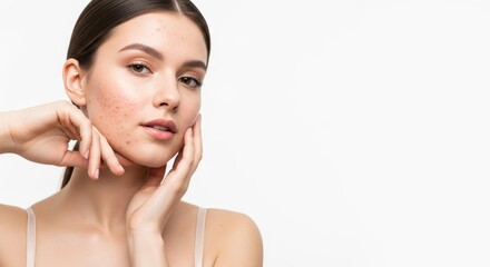Woman with acne posing on a white background for skin care ads