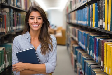 Latina Teacher: Beautiful Mexican Girl Learning in Public Library with Bookshelf Background