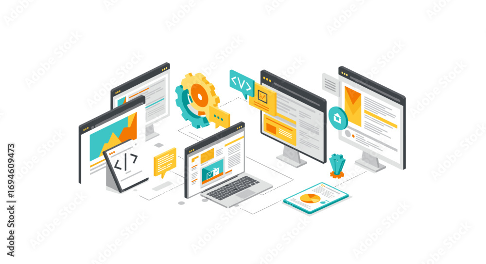 Poster isometric digital workspace with computers and data analytics
