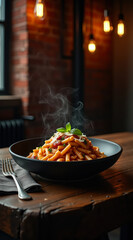A delicious plate of Italian spaghetti with delicate parmesan shavings and a basil leaf. The food is served in a black bowl on a rustic wooden table.