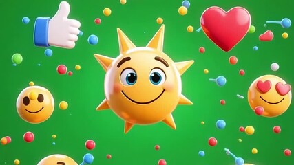 Joyful sun emoji surrounded by colorful icons and floating confetti - Powered by Adobe