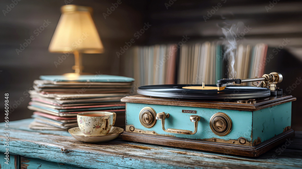 Poster a record player sits on a table next to a cup of tea. the table is cluttered with books and the reco