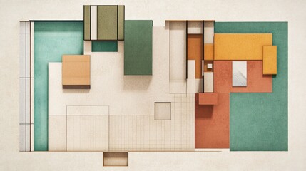 Plan view of minimalist modern home, colored blocks
