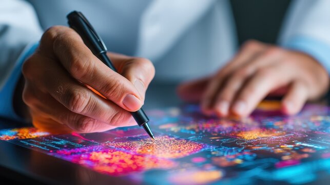 Researcher analyzing a complex neural network on a vibrant digital interface with a precision stylus for scientific innovation